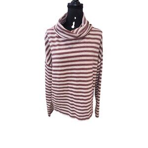 J. Crew Tunnel Neck Women L Burgundy White Striped Cowl Neck Long Sleeve Sweater